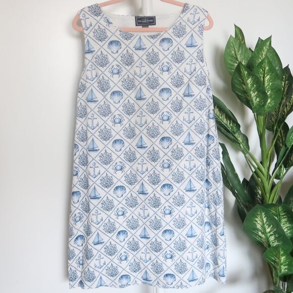 Kiel James Patrick Linen Cotton Nautical Print Shift Dress Blue White Size 12 - Picture 2 of 9